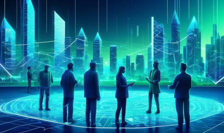 Create an image depicting a futuristic digital cityscape with people analyzing holographic graphs and charts. In the center, highlight a prominent glowing 'Pi Coin' symbol, surrounded by fluctuating trend lines and price indicators. Use shades of blue and green to convey a sense of technology and finance.