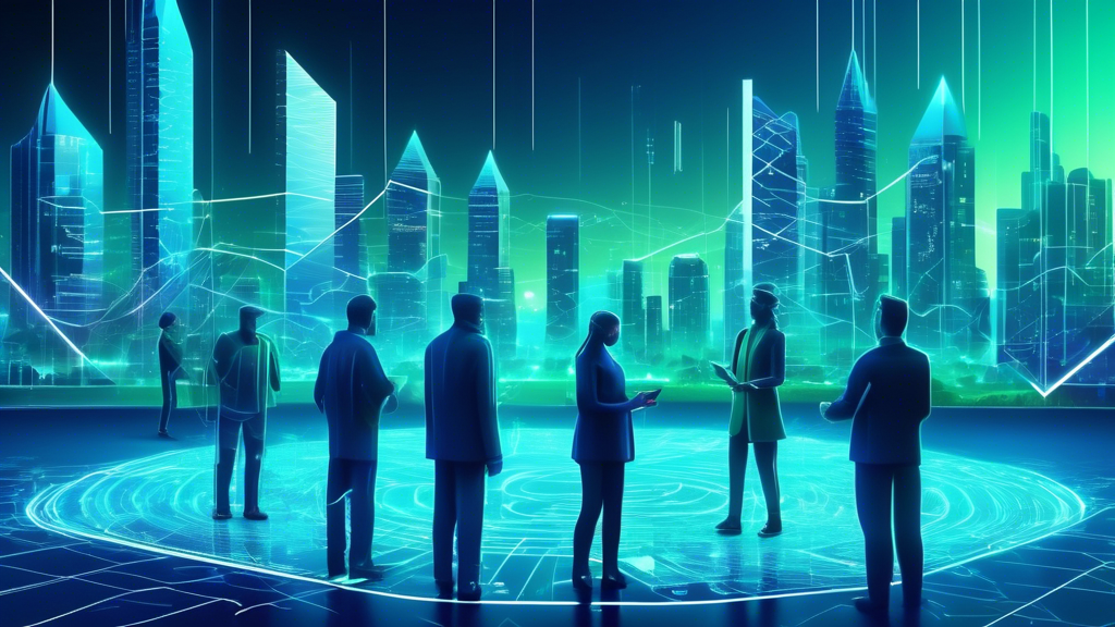 Create an image depicting a futuristic digital cityscape with people analyzing holographic graphs and charts. In the center, highlight a prominent glowing 'Pi Coin' symbol, surrounded by fluctuating trend lines and price indicators. Use shades of blue and green to convey a sense of technology and finance.