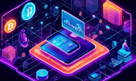 Create an intricate illustration depicting the multiple factors influencing cryptocurrency prices today. The image should include elements like a high-tech trading desk with neon-lit graphs showing volatile price changes, news headlines hinting at regulatory updates, and various global currencies interwoven in a digital network. Add symbols representing blockchain technology, public sentiment, major financial institutions, and geopolitical events. Integrate a background that merges futuristic cityscapes with digital code to emphasize the interconnected and dynamic nature of the crypto market.