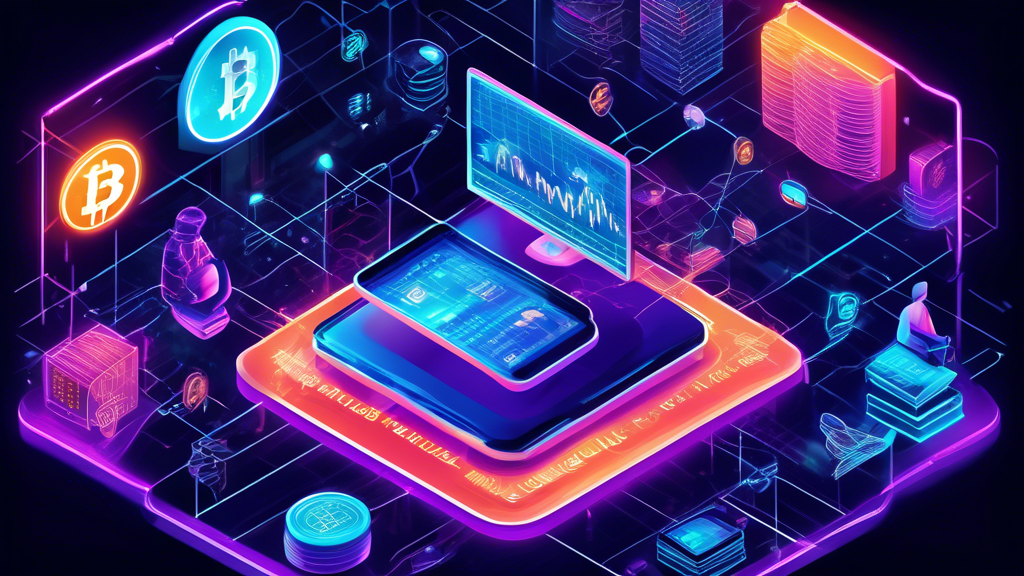 Create an intricate illustration depicting the multiple factors influencing cryptocurrency prices today. The image should include elements like a high-tech trading desk with neon-lit graphs showing volatile price changes, news headlines hinting at regulatory updates, and various global currencies interwoven in a digital network. Add symbols representing blockchain technology, public sentiment, major financial institutions, and geopolitical events. Integrate a background that merges futuristic cityscapes with digital code to emphasize the interconnected and dynamic nature of the crypto market.