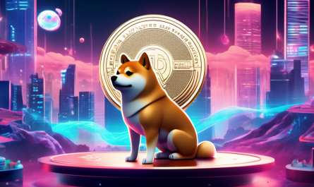 Create an image of a futuristic digital landscape, featuring a shiny Shiba Inu coin prominently in the foreground. The scene should include tech-savvy individuals engaged in cryptocurrency trading on sleek, holographic screens. The Shiba Inu coin should be highlighted with appealing visual effects, symbolizing its growing value and potential. In the background, include subtle representations of financial growth, like ascending graphs and dollar symbols, to indicate prosperity and success.