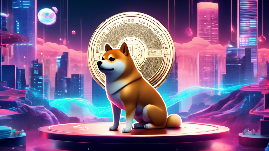 Create an image of a futuristic digital landscape, featuring a shiny Shiba Inu coin prominently in the foreground. The scene should include tech-savvy individuals engaged in cryptocurrency trading on sleek, holographic screens. The Shiba Inu coin should be highlighted with appealing visual effects, symbolizing its growing value and potential. In the background, include subtle representations of financial growth, like ascending graphs and dollar symbols, to indicate prosperity and success.