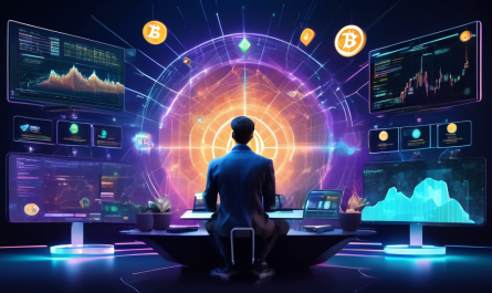 Create an image that depicts a futuristic, digital landscape with various platforms and logos representing different cryptocurrency exchanges (such as Coinbase, Binance, Kraken, etc.). In the center of the image, place a confident, tech-savvy individual analyzing a holographic screen displaying charts, graphs, and comparison metrics. The background should feature sleek, modern designs and subtle blockchain elements to emphasize the advanced technology behind the crypto platforms. The overall atmosphere should convey a sense of careful decision-making and informed choice.