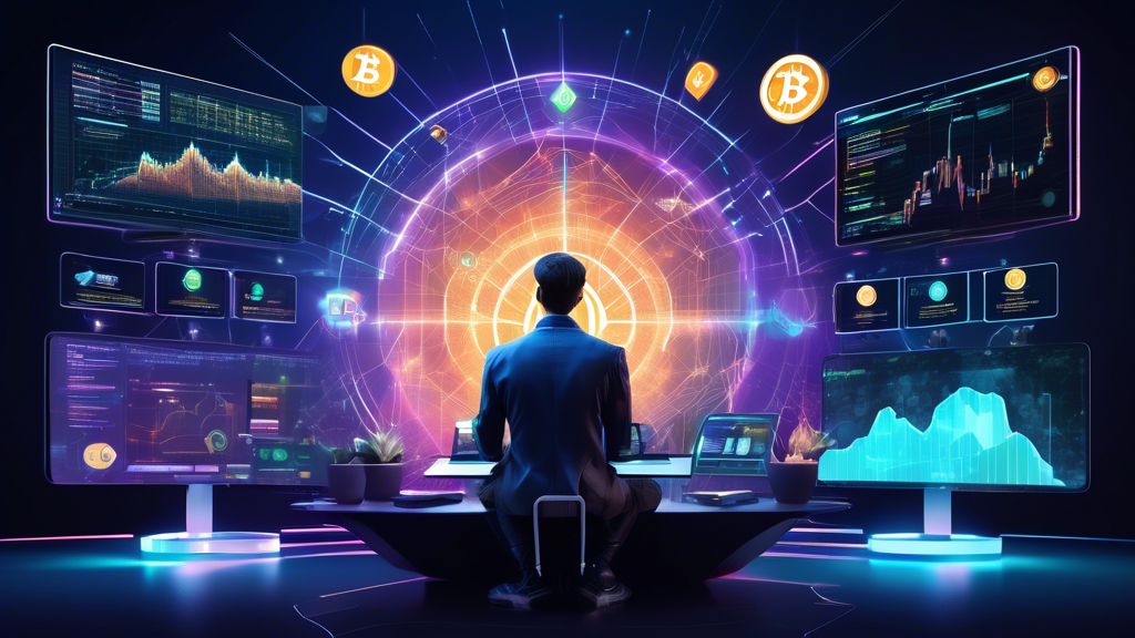 Create an image that depicts a futuristic, digital landscape with various platforms and logos representing different cryptocurrency exchanges (such as Coinbase, Binance, Kraken, etc.). In the center of the image, place a confident, tech-savvy individual analyzing a holographic screen displaying charts, graphs, and comparison metrics. The background should feature sleek, modern designs and subtle blockchain elements to emphasize the advanced technology behind the crypto platforms. The overall atmosphere should convey a sense of careful decision-making and informed choice.