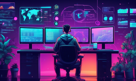 Create an image of a person sitting at a modern computer desk, carefully analyzing multiple cryptocurrency trading platforms displayed on several screens. The screens show various charts, graphs, and interfaces of popular trading platforms like Binance, Coinbase, and Kraken. The background features a futuristic yet cozy room, with elements such as a digital clock, potted plant, and a cup of coffee to add a relatable touch. The overall mood should convey thoughtful decision-making and productivity.