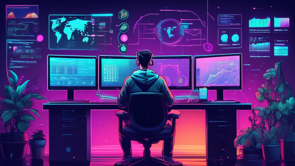 Create an image of a person sitting at a modern computer desk, carefully analyzing multiple cryptocurrency trading platforms displayed on several screens. The screens show various charts, graphs, and interfaces of popular trading platforms like Binance, Coinbase, and Kraken. The background features a futuristic yet cozy room, with elements such as a digital clock, potted plant, and a cup of coffee to add a relatable touch. The overall mood should convey thoughtful decision-making and productivity.