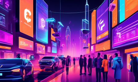 Create a digital illustration showcasing effective crypto marketing strategies in 2023. The scene should feature a futuristic cityscape with digital billboards advertising various cryptocurrencies. Include diverse marketing methods such as influencer promotions on social media platforms, targeted ads through augmented reality glasses, and a virtual reality booth with interactive crypto demonstrations. The atmosphere should be vibrant and dynamic, reflecting the cutting-edge and fast-paced nature of the crypto industry.