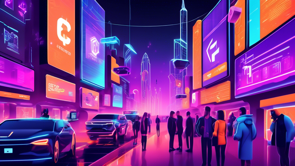 Create a digital illustration showcasing effective crypto marketing strategies in 2023. The scene should feature a futuristic cityscape with digital billboards advertising various cryptocurrencies. Include diverse marketing methods such as influencer promotions on social media platforms, targeted ads through augmented reality glasses, and a virtual reality booth with interactive crypto demonstrations. The atmosphere should be vibrant and dynamic, reflecting the cutting-edge and fast-paced nature of the crypto industry.