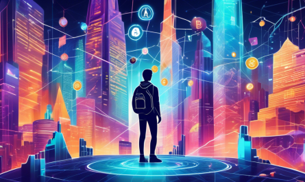 Create a detailed and futuristic digital illustration of a person navigating a complex cityscape made of various cryptocurrencies like Bitcoin, Ethereum, and Ripple, with eToro logos integrated into the architecture. Show the individual using a smartphone to manage their crypto assets, highlighting interconnected financial symbols, charts, and graphs in holographic displays hovering around them. The color scheme should be vibrant with a blend of metallic and neon tones, representing the modern and dynamic nature of digital assets.