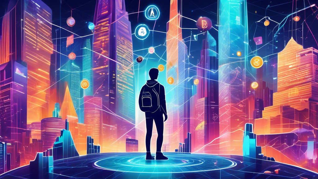 Create a detailed and futuristic digital illustration of a person navigating a complex cityscape made of various cryptocurrencies like Bitcoin, Ethereum, and Ripple, with eToro logos integrated into the architecture. Show the individual using a smartphone to manage their crypto assets, highlighting interconnected financial symbols, charts, and graphs in holographic displays hovering around them. The color scheme should be vibrant with a blend of metallic and neon tones, representing the modern and dynamic nature of digital assets.