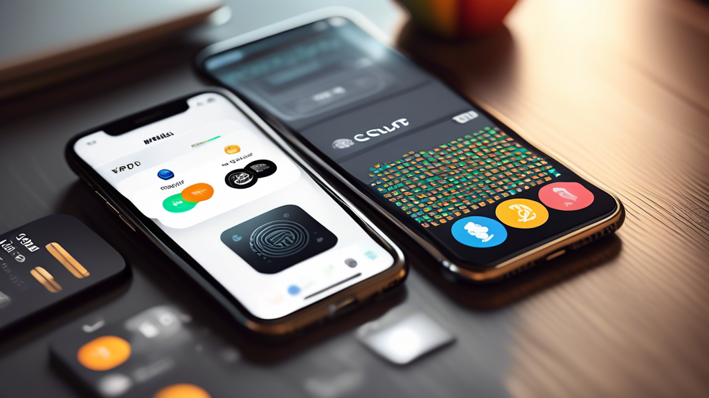 A sleek, modern smartphone displaying a cryptocurrency wallet interface with a variety of digital coins. The phone is positioned next to an Apple Pay logo, with a step-by-step infographic in the background illustrating the process of purchasing cryptocurrency using Apple Pay. The setting is a clean, tech-savvy environment, with a subtle futuristic ambiance.