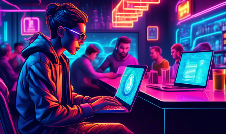 Digital illustration of a person purchasing cryptocurrency using a credit card on a laptop, set in a futuristic cafe with neon lighting. The laptop screen shows a user-friendly interface for buying crypto without verification. In the background, other patrons are engaged in similar activities, creating a bustling atmosphere of modern finance and technology.