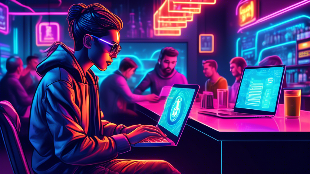 Digital illustration of a person purchasing cryptocurrency using a credit card on a laptop, set in a futuristic cafe with neon lighting. The laptop screen shows a user-friendly interface for buying crypto without verification. In the background, other patrons are engaged in similar activities, creating a bustling atmosphere of modern finance and technology.