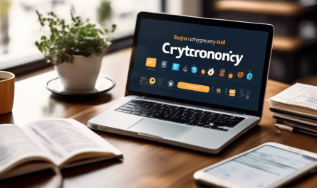 Create an image that shows a beginner's guide to buying cryptocurrency. The scene features a friendly, well-lit desk setup with a laptop displaying a cryptocurrency exchange website. Around the desk, include items like a smartphone, a notepad with handwritten tips, a coffee mug, and a small stack of books related to finance and technology. On the laptop screen, show easy-to-understand steps for purchasing cryptocurrency, with icons representing different cryptocurrencies like Bitcoin, Ethereum, and Litecoin. Include a gentle, encouraging background with motivational posters about financial independence and digital innovation.