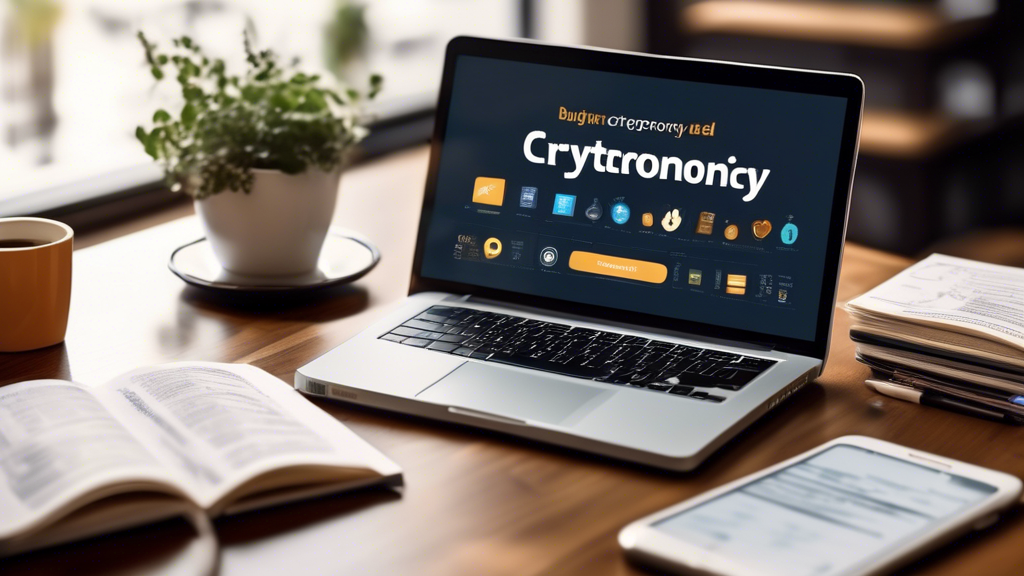 Create an image that shows a beginner's guide to buying cryptocurrency. The scene features a friendly, well-lit desk setup with a laptop displaying a cryptocurrency exchange website. Around the desk, include items like a smartphone, a notepad with handwritten tips, a coffee mug, and a small stack of books related to finance and technology. On the laptop screen, show easy-to-understand steps for purchasing cryptocurrency, with icons representing different cryptocurrencies like Bitcoin, Ethereum, and Litecoin. Include a gentle, encouraging background with motivational posters about financial independence and digital innovation.