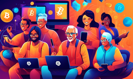 Create a vibrant, digital illustration of a diverse group of people, young and old, sitting at computers and using smartphones, happily earning cryptocurrency. The background should include symbols of popular cryptocurrencies like Bitcoin, Ethereum, and Litecoin. Include elements such as a treasure chest overflowing with coins, and notifications of earnings popping up on their screens. The atmosphere should feel educational and encouraging, highlighting the beginners' journey into the world of crypto.