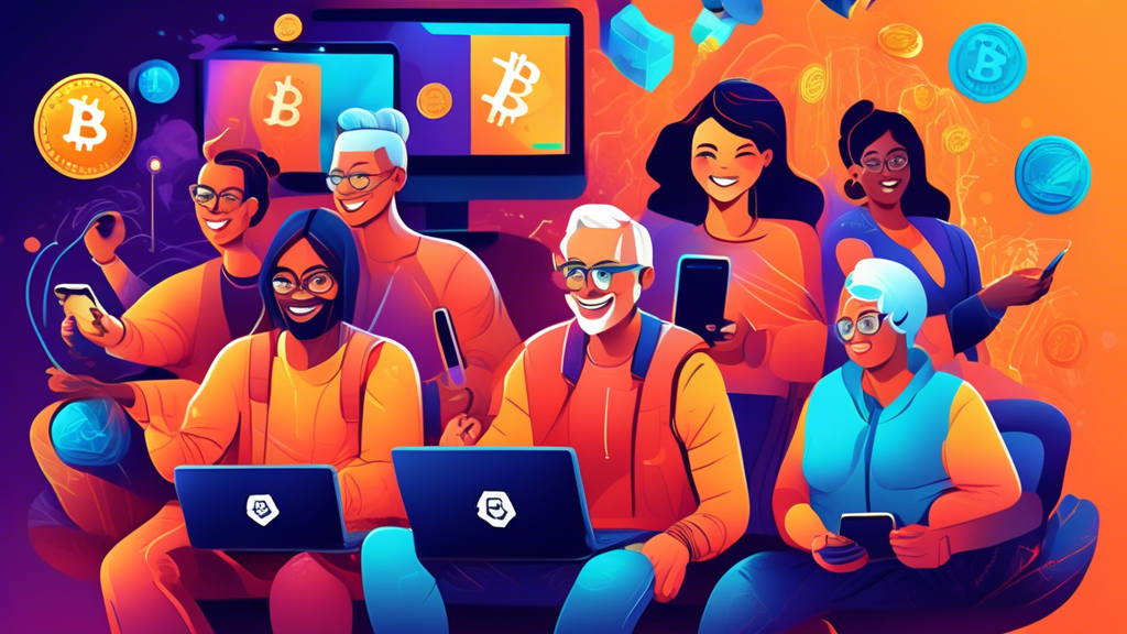 Create a vibrant, digital illustration of a diverse group of people, young and old, sitting at computers and using smartphones, happily earning cryptocurrency. The background should include symbols of popular cryptocurrencies like Bitcoin, Ethereum, and Litecoin. Include elements such as a treasure chest overflowing with coins, and notifications of earnings popping up on their screens. The atmosphere should feel educational and encouraging, highlighting the beginners' journey into the world of crypto.