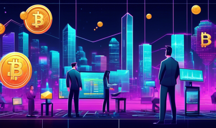 Create a digitally illustrated scene representing the concept of investing in crypto stocks. Include elements such as digital coins, stock market graphs, a futuristic cityscape, and business professionals analyzing charts on advanced holographic screens. Add a modern, sleek design aesthetic to convey a sense of innovation and complexity.