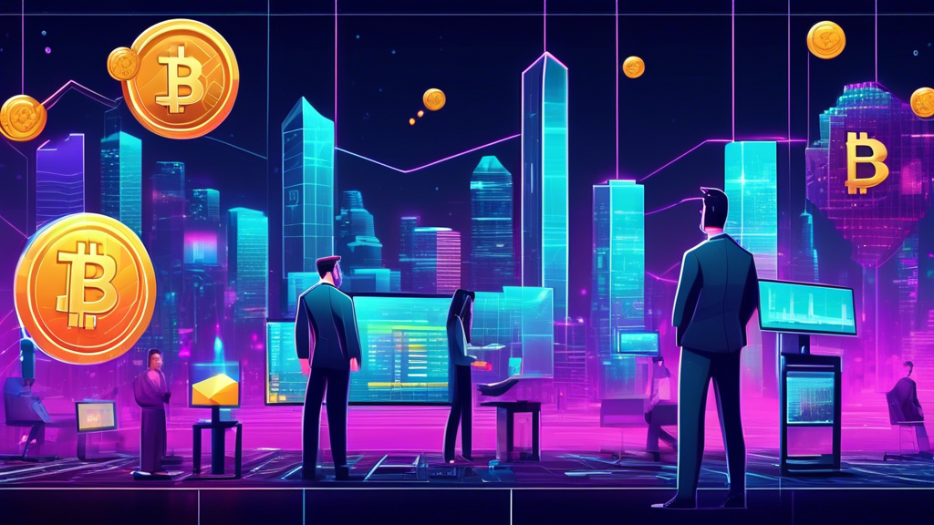 Create a digitally illustrated scene representing the concept of investing in crypto stocks. Include elements such as digital coins, stock market graphs, a futuristic cityscape, and business professionals analyzing charts on advanced holographic screens. Add a modern, sleek design aesthetic to convey a sense of innovation and complexity.