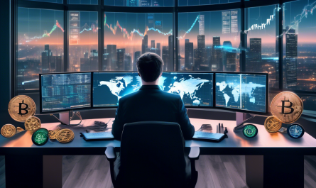 A hyper-realistic, digital art image featuring a professional investor sitting at a high-tech desk with multiple computer screens displaying cryptocurrency stock charts, Bitcoin logos, and blockchain graphics. The background shows a modern city skyline with digital coin symbols subtly floating around, representing various cryptocurrencies like Ethereum, Litecoin, and Ripple. The investor is thoughtfully analyzing data, with financial newspapers and reports scattered around. The overall vibe should be futuristic, innovative, and focused on the financial world of cryptocurrency stocks.