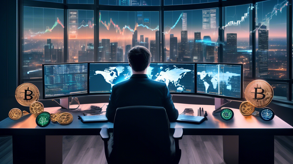 A hyper-realistic, digital art image featuring a professional investor sitting at a high-tech desk with multiple computer screens displaying cryptocurrency stock charts, Bitcoin logos, and blockchain graphics. The background shows a modern city skyline with digital coin symbols subtly floating around, representing various cryptocurrencies like Ethereum, Litecoin, and Ripple. The investor is thoughtfully analyzing data, with financial newspapers and reports scattered around. The overall vibe should be futuristic, innovative, and focused on the financial world of cryptocurrency stocks.