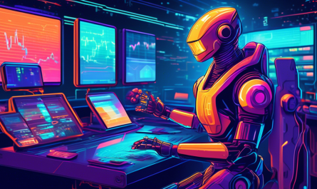 Create an image of a futuristic trading terminal, with a sleek design, displaying various cryptocurrency charts and data. In the foreground, a friendly robot with a professional vibe is assisting a trader in casual attire. The scene should have vibrant colors and convey a sense of efficiency and modernization in the world of crypto trading.