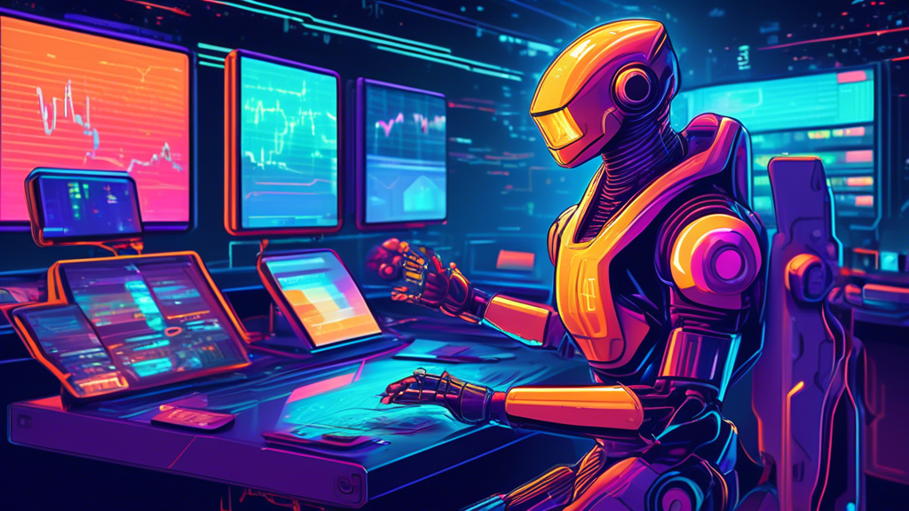 Create an image of a futuristic trading terminal, with a sleek design, displaying various cryptocurrency charts and data. In the foreground, a friendly robot with a professional vibe is assisting a trader in casual attire. The scene should have vibrant colors and convey a sense of efficiency and modernization in the world of crypto trading.