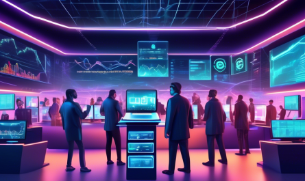 Create an image featuring a futuristic digital marketplace bustling with traders and investors. Highlight various cryptocurrencies symbolized by their logos, such as Bitcoin, Ethereum, and other trending altcoins, displayed on sleek holographic screens. Include elements of modern finance such as charts, graphs, and trading desks with an overall tech-savvy atmosphere. Ensure the scene conveys the dynamism and excitement of the cryptocurrency market.