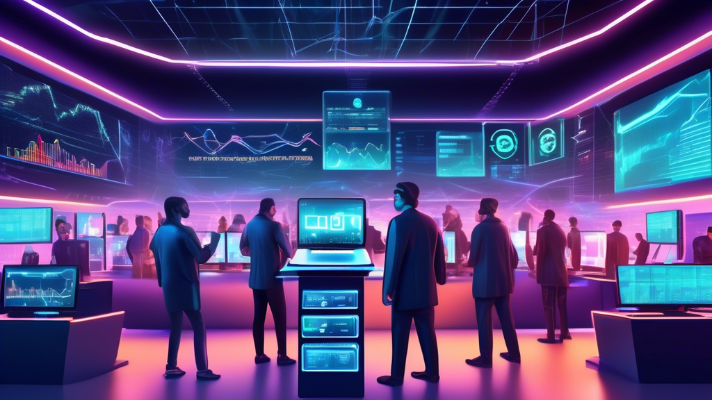 Create an image featuring a futuristic digital marketplace bustling with traders and investors. Highlight various cryptocurrencies symbolized by their logos, such as Bitcoin, Ethereum, and other trending altcoins, displayed on sleek holographic screens. Include elements of modern finance such as charts, graphs, and trading desks with an overall tech-savvy atmosphere. Ensure the scene conveys the dynamism and excitement of the cryptocurrency market.