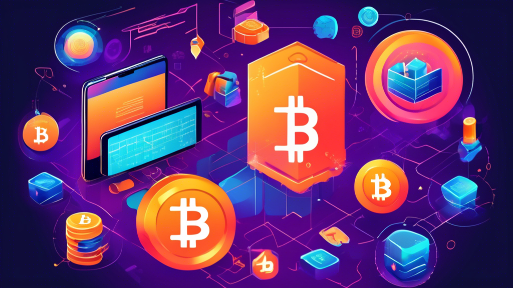 Create a visually appealing illustration that depicts a step-by-step guide for buying cryptocurrency. Include elements such as a person using a laptop or smartphone, a secure digital wallet, a chart showing crypto market trends, and icons representing popular cryptocurrencies like Bitcoin and Ethereum. The background should have a tech-savvy, futuristic feel, with vibrant, modern colors that convey innovation and security.