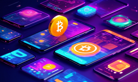 Create a vibrant, futuristic digital illustration showcasing the top 10 best cryptocurrency apps for 2023. Display various mobile devices with sleek interfaces, each highlighting a different app with its distinct logo and color scheme. The background should feature a high-tech, cyberpunk cityscape with holographic charts, graphs, and digital currencies symbolizing innovation and growth in the crypto industry.