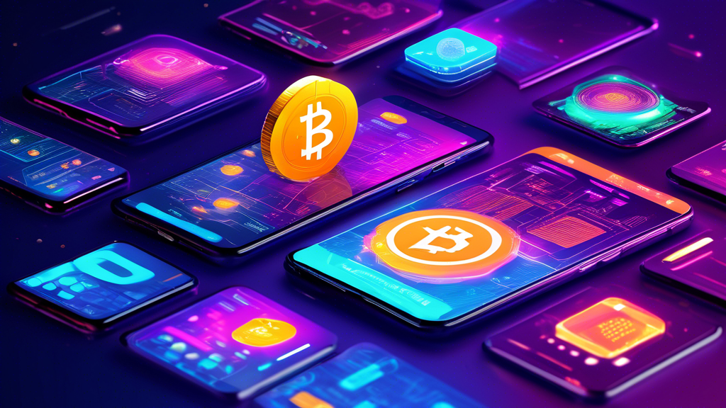 Create a vibrant, futuristic digital illustration showcasing the top 10 best cryptocurrency apps for 2023. Display various mobile devices with sleek interfaces, each highlighting a different app with its distinct logo and color scheme. The background should feature a high-tech, cyberpunk cityscape with holographic charts, graphs, and digital currencies symbolizing innovation and growth in the crypto industry.