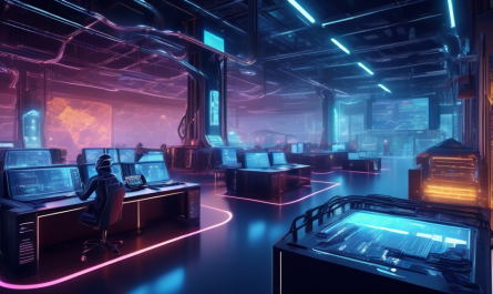 Create a digital artwork portraying a futuristic landscape of a crypto mining facility in 2023. The scene includes sleek, advanced servers and mining rigs illuminated with neon lights, set against a high-tech, modern building. Drones and robotic arms perform maintenance tasks. The background features charts and graphs displaying real-time mining data, emphasizing efficiency and innovation. Labels or signs should showcase names of some top crypto mining sites. The overall style should be a harmonious blend of cyberpunk and contemporary technology.