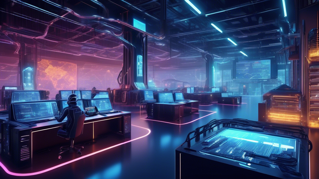 Create a digital artwork portraying a futuristic landscape of a crypto mining facility in 2023. The scene includes sleek, advanced servers and mining rigs illuminated with neon lights, set against a high-tech, modern building. Drones and robotic arms perform maintenance tasks. The background features charts and graphs displaying real-time mining data, emphasizing efficiency and innovation. Labels or signs should showcase names of some top crypto mining sites. The overall style should be a harmonious blend of cyberpunk and contemporary technology.