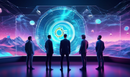 Create an image showing a futuristic digital landscape with top cryptocurrency sites displayed on holographic screens. Each screen should feature logos of popular crypto platforms like Binance, Coinbase, Kraken, and others. Add a few enthusiastic individuals in sleek, modern attire engaging with the screens, symbolizing anticipation and excitement for trends in 2024. The background should have elements of blockchain and digital currencies, such as connected nodes and virtual coins, with a high-tech cityscape in the distance.