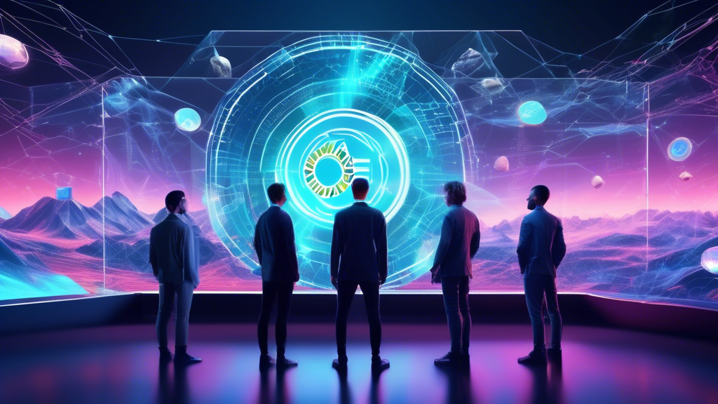 Create an image showing a futuristic digital landscape with top cryptocurrency sites displayed on holographic screens. Each screen should feature logos of popular crypto platforms like Binance, Coinbase, Kraken, and others. Add a few enthusiastic individuals in sleek, modern attire engaging with the screens, symbolizing anticipation and excitement for trends in 2024. The background should have elements of blockchain and digital currencies, such as connected nodes and virtual coins, with a high-tech cityscape in the distance.