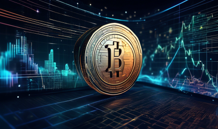 Create an illustration of a modern, futuristic coin shining prominently against a backdrop of financial charts, graphs, and digital data. The coin should feature intricate, eye-catching designs to emphasize its value and potential as a premier investment. The backdrop should suggest an advanced, innovative financial market with holographic elements and glowing lines, symbolizing cutting-edge investment opportunities.