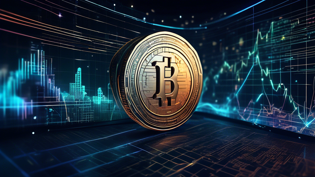 Create an illustration of a modern, futuristic coin shining prominently against a backdrop of financial charts, graphs, and digital data. The coin should feature intricate, eye-catching designs to emphasize its value and potential as a premier investment. The backdrop should suggest an advanced, innovative financial market with holographic elements and glowing lines, symbolizing cutting-edge investment opportunities.