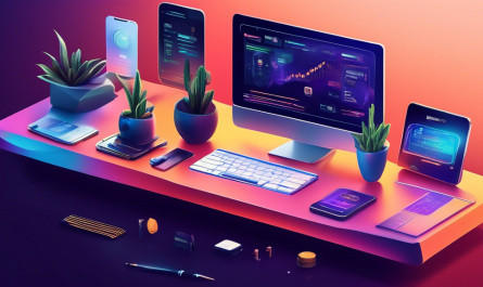 Create a detailed illustration showcasing the top cryptocurrency wallets of 2023. The scene should feature a sleek, modern desk setup with different digital and hardware wallets displayed prominently. Include a variety of devices like smartphones, laptops, and dedicated hardware wallets branded with popular and reputable crypto wallet names. The background should have a futuristic, tech-savvy vibe with subtle elements of blockchain and cryptocurrency symbols to emphasize security and innovation.