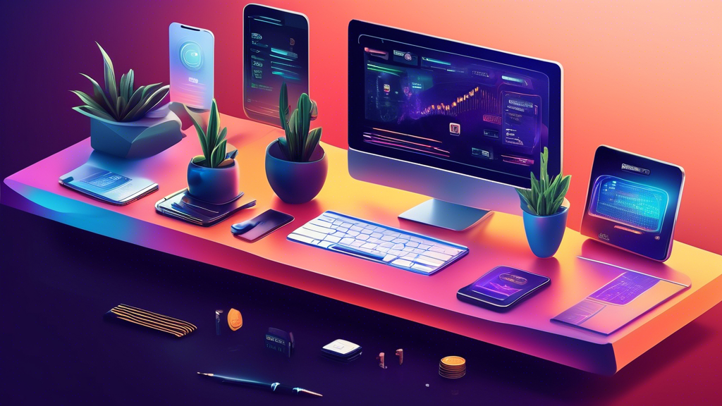 Create a detailed illustration showcasing the top cryptocurrency wallets of 2023. The scene should feature a sleek, modern desk setup with different digital and hardware wallets displayed prominently. Include a variety of devices like smartphones, laptops, and dedicated hardware wallets branded with popular and reputable crypto wallet names. The background should have a futuristic, tech-savvy vibe with subtle elements of blockchain and cryptocurrency symbols to emphasize security and innovation.