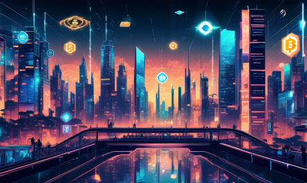 Create an image of a futuristic city with a giant digital billboard featuring the Binance logo and various cryptocurrency symbols. The scene should include tech-savvy people using digital devices, and elements of blockchain technology like interconnected chains and digital tokens circulating around the city. The atmosphere should be modern and dynamic, suggesting a hub of advanced financial technology.