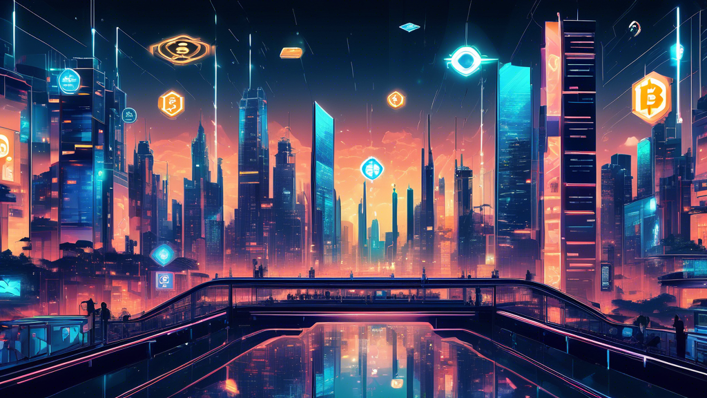 Create an image of a futuristic city with a giant digital billboard featuring the Binance logo and various cryptocurrency symbols. The scene should include tech-savvy people using digital devices, and elements of blockchain technology like interconnected chains and digital tokens circulating around the city. The atmosphere should be modern and dynamic, suggesting a hub of advanced financial technology.