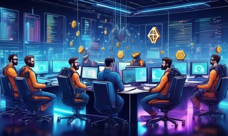 Create a highly detailed and futuristic illustration of a crypto trading office filled with advanced computer systems and sophisticated robots actively engaging in automated cryptocurrency trading. The scene should include holographic charts and graphs displaying real-time data, and a diverse team of human traders collaborating with the bots. The background should have digital motifs and elements like blockchain symbols, digital currencies, and a high-tech, modern aesthetic. Make sure the overall atmosphere conveys both innovation and efficiency.