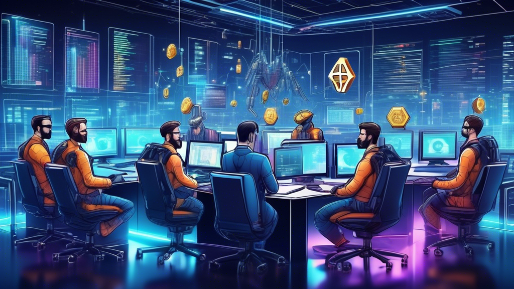 Create a highly detailed and futuristic illustration of a crypto trading office filled with advanced computer systems and sophisticated robots actively engaging in automated cryptocurrency trading. The scene should include holographic charts and graphs displaying real-time data, and a diverse team of human traders collaborating with the bots. The background should have digital motifs and elements like blockchain symbols, digital currencies, and a high-tech, modern aesthetic. Make sure the overall atmosphere conveys both innovation and efficiency.