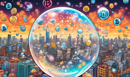 Create a detailed image illustrating a bubble filled with various cryptocurrency symbols (like Bitcoin, Ethereum, and Litecoin) floating above a cityscape. The bubble is in the process of bursting, with smaller bubbles emanating from it, each containing visual elements representing causes such as news headlines, social media posts, and financial graphs. Below the bubble, show people looking up in awe and concern, symbolizing the consequences of the crypto bubble burst. The background cityscape can include elements like a stock exchange building and digital billboards displaying fluctuating crypto prices.