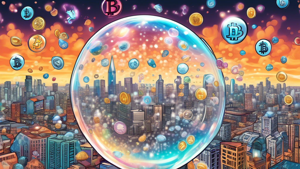 Create a detailed image illustrating a bubble filled with various cryptocurrency symbols (like Bitcoin, Ethereum, and Litecoin) floating above a cityscape. The bubble is in the process of bursting, with smaller bubbles emanating from it, each containing visual elements representing causes such as news headlines, social media posts, and financial graphs. Below the bubble, show people looking up in awe and concern, symbolizing the consequences of the crypto bubble burst. The background cityscape can include elements like a stock exchange building and digital billboards displaying fluctuating crypto prices.