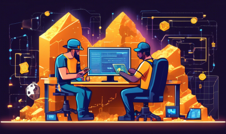 Create an illustration of cryptocurrency mining basics: showcase a high-tech computer setup with powerful graphics cards extracting cryptocurrency coins, digital blockchain elements floating around, and a young person studying a guidebook on mining. Include elements like a digital wallet, network nodes, and charts showing mining performance in the background.