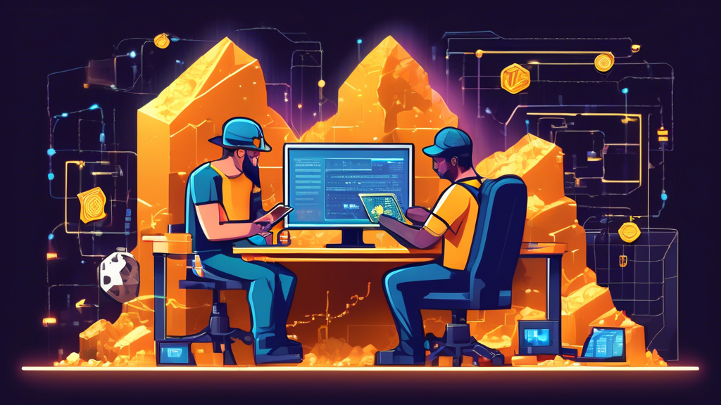 Create an illustration of cryptocurrency mining basics: showcase a high-tech computer setup with powerful graphics cards extracting cryptocurrency coins, digital blockchain elements floating around, and a young person studying a guidebook on mining. Include elements like a digital wallet, network nodes, and charts showing mining performance in the background.