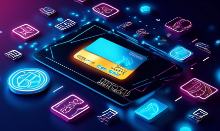 Create a digital illustration of a futuristic, sleek credit card featuring cryptocurrency symbols like Bitcoin, Ethereum, and Ripple logos. The card should be shown in a modern setting, possibly interacting with a digital payment terminal or being used for an online purchase. Surround the scene with glowing digital elements and icons representing financial benefits such as ease of use, security locks, low fees, and international acceptance. The overall theme should convey innovation, convenience, and security in financial transactions.