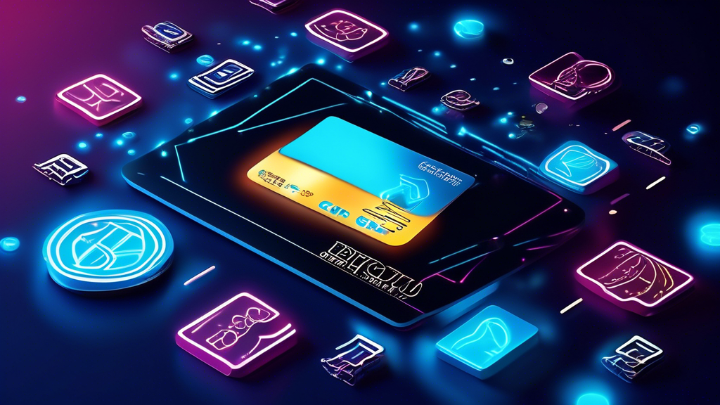 Create a digital illustration of a futuristic, sleek credit card featuring cryptocurrency symbols like Bitcoin, Ethereum, and Ripple logos. The card should be shown in a modern setting, possibly interacting with a digital payment terminal or being used for an online purchase. Surround the scene with glowing digital elements and icons representing financial benefits such as ease of use, security locks, low fees, and international acceptance. The overall theme should convey innovation, convenience, and security in financial transactions.